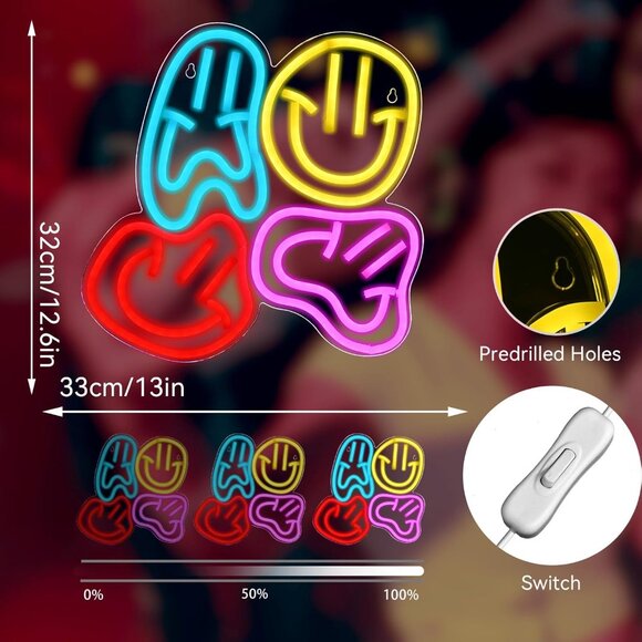 New Smile Faces Neon Sign LED Colorful Happy Faces for Kids Bedroom Decor - Picture 2 of 5